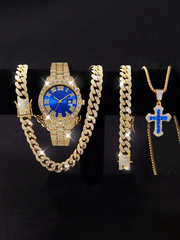 Hip-Hop Chain Set, Unisex Fashion Watch, Necklace And Bracelet Set, Holiday Gift For Father