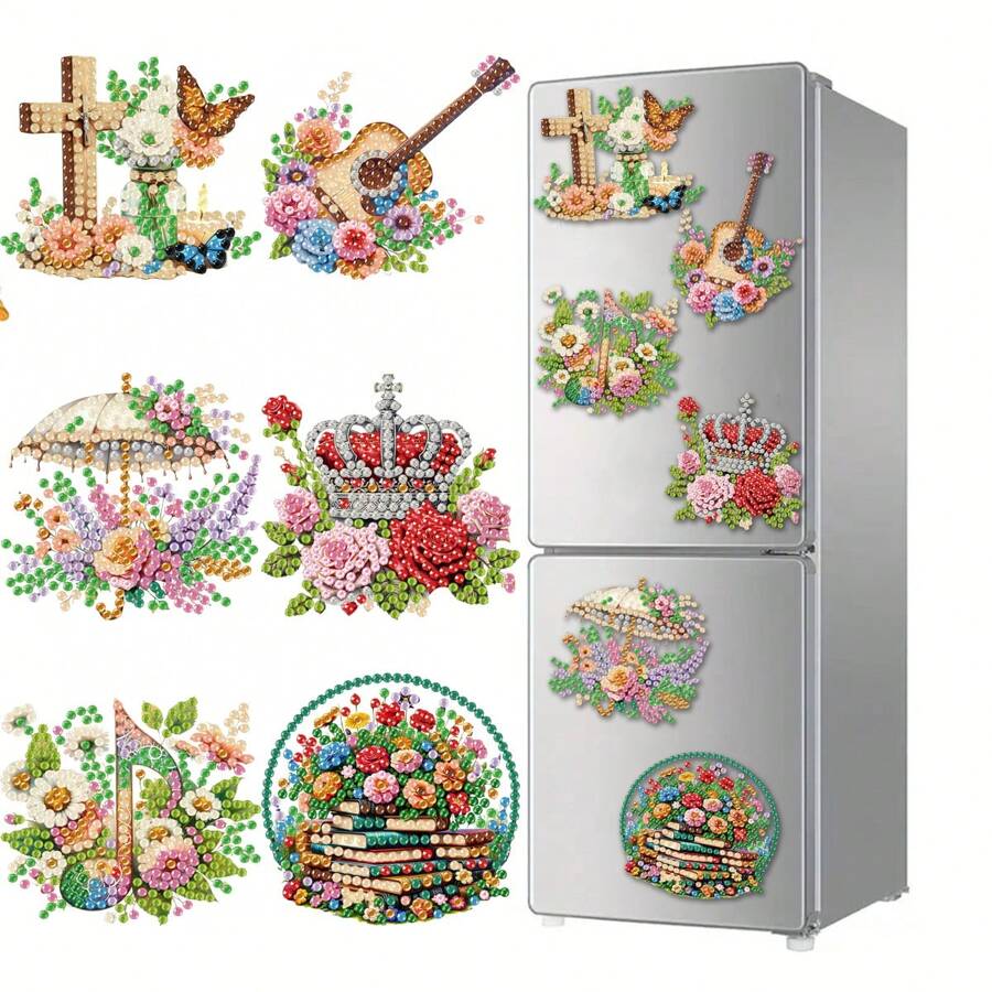 Bộ 6 nam châm tủ lạnh nghệ thuật kim cương, tranh kim cương loạt hoa trang trí DIY Bộ nam châm tranh kim cương, thích hợp cho đồ thủ công DIY, quà tặng, tủ lạnh, trang trí hộp thư - Nhiều màu - Xem 1