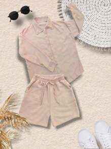 Conjunto De Camisa Oversize y Short Casual Tela Casa Playa Jardín Primavera Verano - Nude - Ver 2