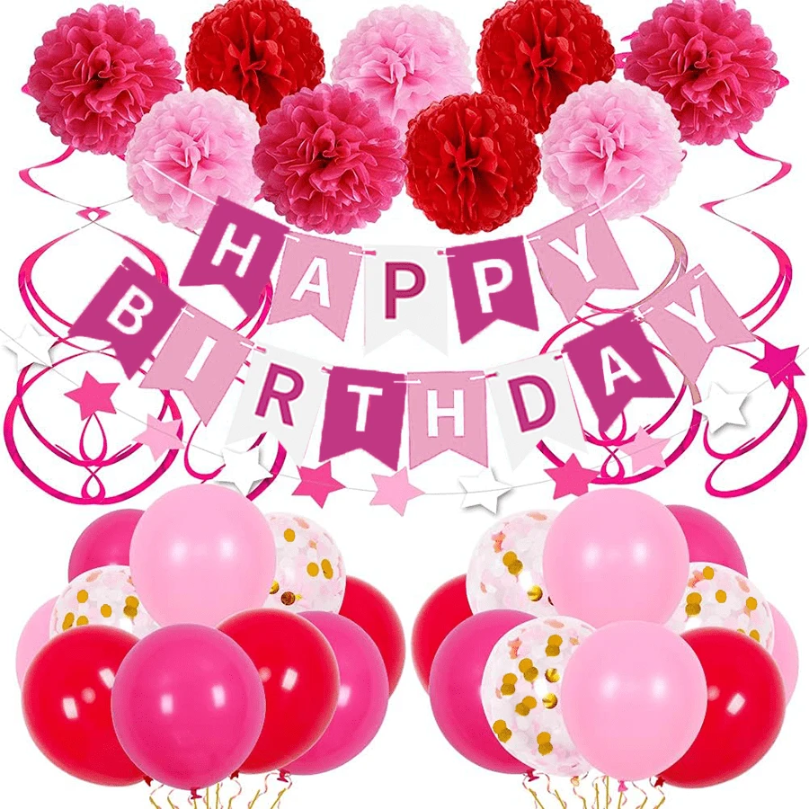 Hot Pink Birthday Decorations, Birthday Decorations For Women With HAPPY BIRTHDAY Banner Rose Red Balloons For 1st 3rd 13th 16th 18th 21st 30th 40th 50th, Valentine's Day Decor For Women,Elmo Birthday Decorations - Pink Party Set - View 1