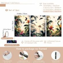3 pièces/set Peinture de paysage de forêt tropicale imprimée sur canevas enveloppée sans cadre, set de décoration, style de peinture sur canevas moderne et déco art classique pour maison, bureau, salle de bain, salon, chambre, salle à manger - Paysage encré avec motifs de feuillage pour le printemps/été, utilisation intérieure et extérieure, thème art déco, affiches, décoration murale, accessoires de décoration moderne, botanique, animaux