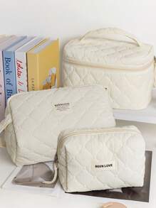 1Pc/Set Beige Quilting Makeup Bag With Soft Texture, Vintage Large Capacity Cosmetic Bag&Travel Organizer Handheld, Minimalism Cozy Foam Toiletry Big Set, Lightweight Fluffy Makeup Pouch, Home Decor, Delicate Gift For New Semester, Spring/Early Summer, Anniversary, Vacation, Trip, Back To School, Makeup Case, New Style In 2025.
