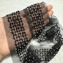 Adorno bordado floral de malla con perlas, encaje de malla bordado floral con cuentas para ropa, bolsos, accesorios de prendas, suministros de costura