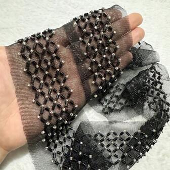 网状珍珠花卉刺绣饰边、串珠网状花卉蕾丝饰边，适用于服装、箱包、服装配件、缝纫用品