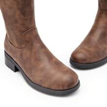 Women's Knee-High Boots, Comfortable Chunky Block Heel Pointed Toe Pull On Side Zipper Suede Slouch Riding Boots - Brown - View 10