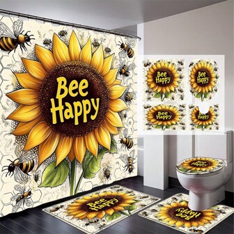 Juego de 1/4 piezas de Cortina de ducha con girasoles amarillos, abejas felices, flores y animales retro de primavera. Cortina de ducha de alta calidad, impermeable, con 12 ganchos, para una experiencia de baño cómoda. Para decoración del hogar, apta para lavadora, multiestilo, de vuelta al cole.