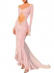 Women's Long Sleeve Cutout V Neck Sheer Mesh Long Dress Long Gown Irregular Frill Trim Sheer Summer Maxi Dress - Pink - View 3