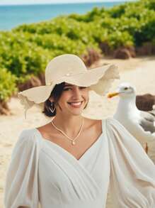 2025 Summer Women's Khaki/Beige Bohemian Beach Hat UPF 50+ Woven Straw Wide-Brimmed Sun Hat | Pearl Decor Women's Vintage Hats, Beach Accessories & Tropical Vacation (1 Hat)