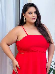 Vestido Plus Size Feminino Curto Soltinho Com Alcinha Ajustável Costas Aberta - Vermelho - Visão 5