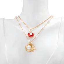 2 Stücke Sommer Halsketten Set, Strand Halskette für Frauen, verstellbare mehrlagige Halskette mit Kunstmuschel- und Kunstperlendesign. Nicht fixierte Sommer Ozean Halskette