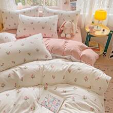 4pcs Floral Print Duvet Cover Set (1 Duvet Cover, 1 Flat Sheet, 2 Pillow Shams, No Filling), Bedding Set, Suitable For All Seasons, Machine Washable, Bedroom Decor, Halloween Gift - Multicolor - View 3