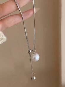 1pc Adjustable Y-Shaped Silver Necklace With Bright White Faux Pearl And Stainless Steel Snake Chain Pendant For Women
