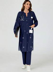 cimmuovere Casual Print V-Neck Long Sleeve Loose Side Split 3-Pocket Top With Elastic Waist 2-Pocket Solid Color Pants, 5 Pockets Scrub Uniform Set - Light Wash - View 10