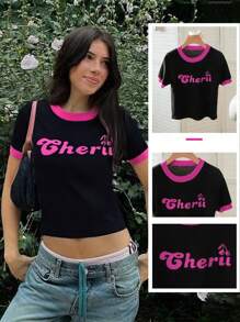 Spring/Summer American Casual Black Short Sleeve Design Letter Color Block T-Shirt Hot Girl Stretch Slim Short For Daily, Street, Commuting, Home And Other Occasions To Wear Women Knit Tops