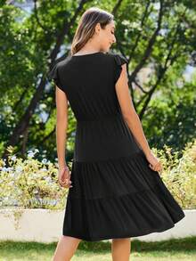 Vestido midi preto feminino, vestidos casuais de verão com gola redonda, vestido rodado em camadas com bolsos, vestido de verão feminino com mangas franzidas, vestidos de viagem soltos, tecido de malha casual com bainha franzida, vestidos casuais de verão, praia/noite casual elegante verão - Preto - Ver 2