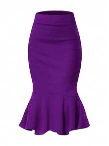 女士办公室/通勤美人鱼铅笔裙，高腰及膝修身涤纶混纺裙，适合所有季节 - 紫色 - 查看 7