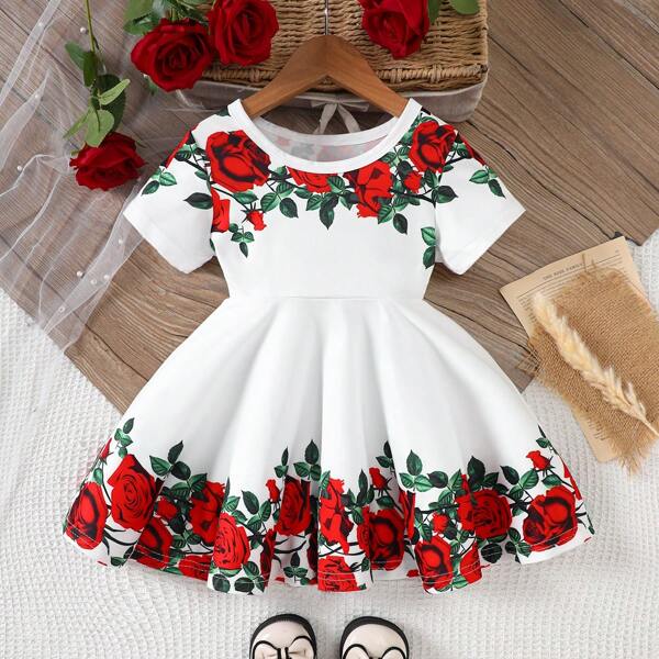 Casual, comfortabele, schattige rozen bloemenprint ronde hals korte mouw jurk, geschikt voor buiten, picknick, feest, cadeau