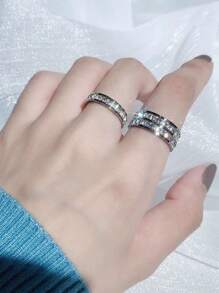 1pc Aço Inoxidável Estrelado Diamante Strass Decorado Moda Anéis, Resistente ao Desbotamento, Versátil para Homens e Mulheres, Casais - prata de círculo duplo - Ver 4