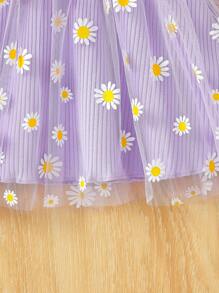 Cute Daisy Print Mesh Ruffle Edge Strap Patchwork Baby Girl Summer Dress - Purple - View 4