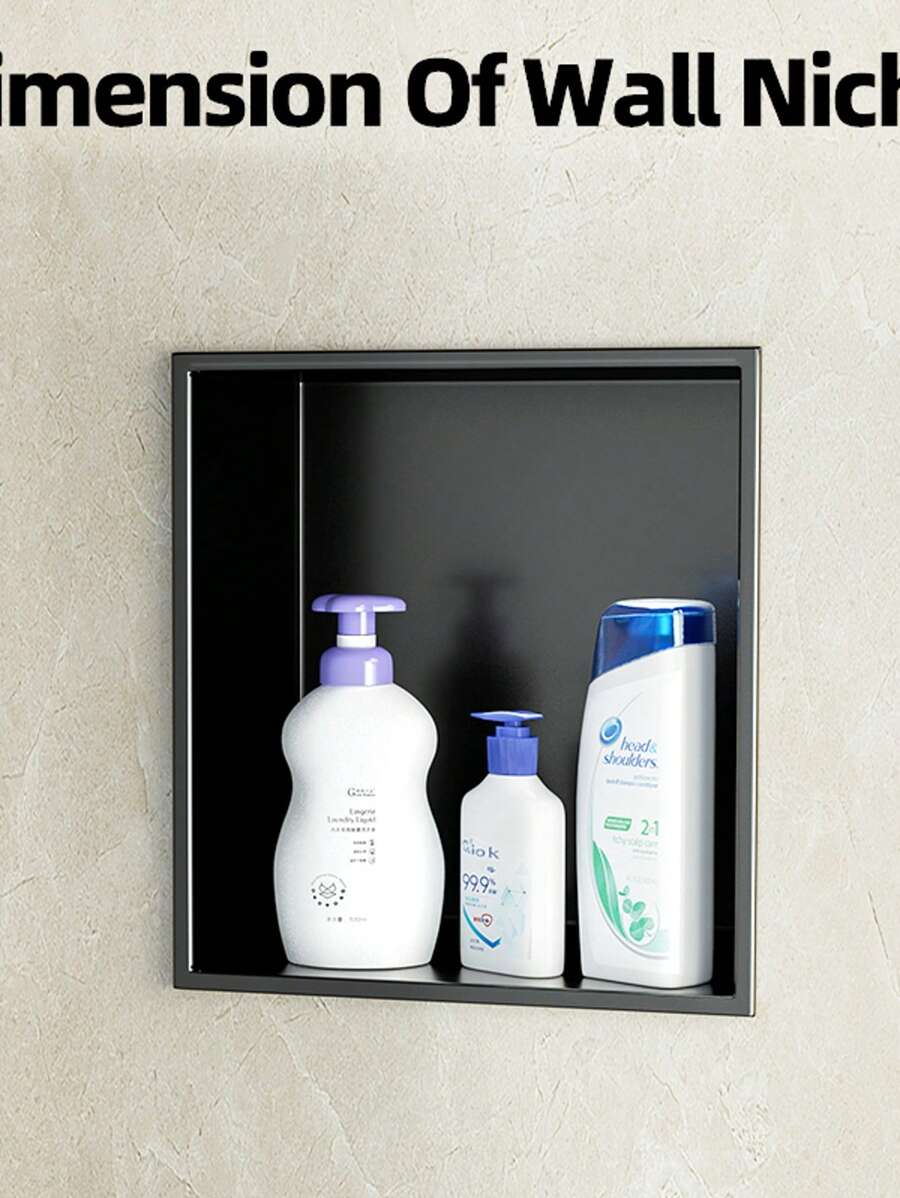不锈钢嵌入式淋浴壁龛，哑光黑色，用于浴室储物，无需瓷砖 - 彩色 - 查看 1