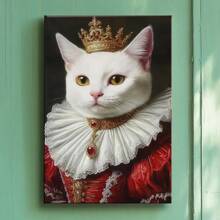 1pc Pet Wrapped Framed Canvas Wall Art, Vintage Prints Poster, Cat Dress Crown White Red Gold, Birthday Party Decor, Decorative Wall Art For Living Room Bedroom Office, Hanging Hardware Included - Framed, Vertical