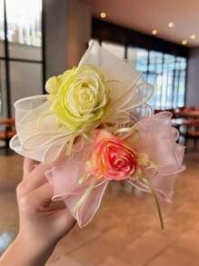 1 件女士大号飘逸网状蝴蝶结复古玫瑰发夹，法式发髻装饰发夹，春夏度假风