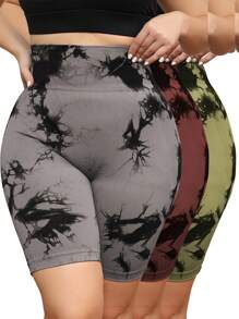 3 قطع شورتات للنساء ذوات الأحجام الكبيرة - شورتات يوجا عالية الخصر للتحكم في البطن المرسومة بنمط التعتيق - متعدد الألوان - مشاهدة 1