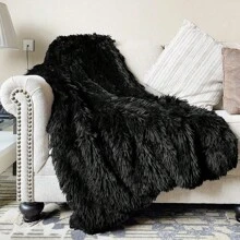 Soft 2.8" Long Pile Fluffy Faux Fur Throw Blanket 50" X 60", Solid Luxury Fuzzy Plush Blanket For Couch Sofa Bed, Accent Cozy Shaggy Lightweight Blanket For Pet, Thick, Warm, Black