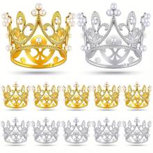 6pcs Mini Pearl Beaded Crown Shaped Cake Toppers, Perfect For Birthday Party Decorations,Valentine's Day - Silver - View 2