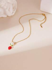 1pc 18K Stainless Steel Oil-Drop Strawberry & Cherry Zirconia Necklace, Elegant Jewelry Accessory For Women, Suitable For Daily Wear And Gatherings