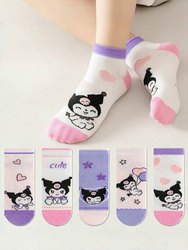 Sanrio 5 双儿童卡通 Kuromi 透气薄款可爱短袜