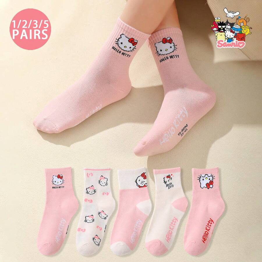 Sanrio 1/2/3/5 Pairs High-Quality Sanrio Hello Kitty Cartoon Mid-Calf Socks For Men And Women, Interesting, Cute, Comfortable Socks Suitable For Summer And Other Seasons, Can Be Used As Gifts For Mother's Day, Father's Day, Easter, Back To School Season, Etc., With Personalized, Fun, Colorful, Anime Cartoon Design