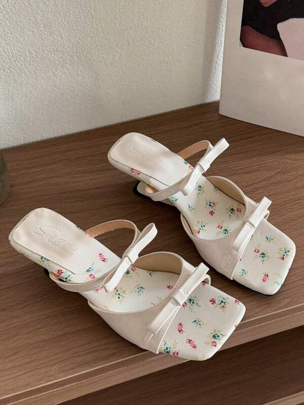 Women's Ditsy Floral Sweet Style Chunky Heel Sandals, Slip On Bowknot Wedges, Summer 2025