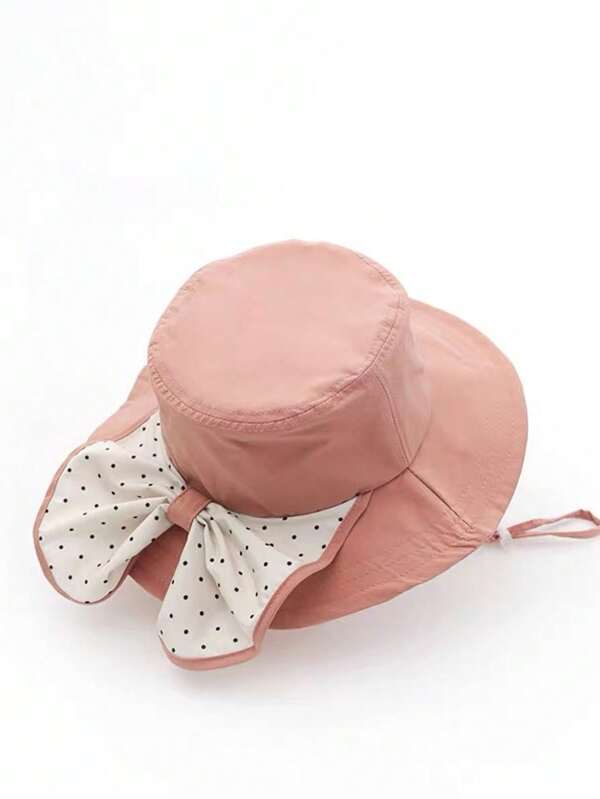 1 pieza Sombrero de cubo con estampado de beso para niñas, sombrero de sol con ala larga y protección solar, diseño dulce con lazo