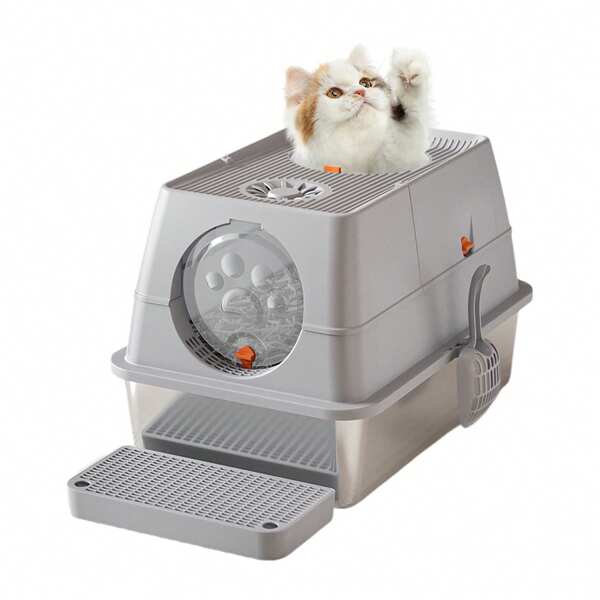 Stainless Steel Cat Litter Box, High Sided Enclosure Litter Box With Lid, Front And Top Door, Large Cat Toilet With Sand Filter Pedal & Litter Scoop