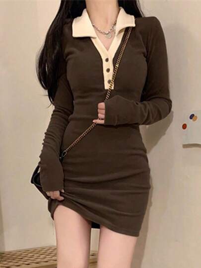 秋季休闲拼色领子紧身连衣裙