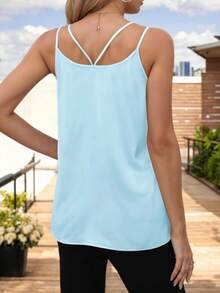 Women's Basic Blouse With Crossed Straps And V-Neckline - Dusty Blue - View 2