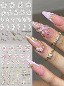 2pcs White Pink Hibiscus Flower Wedding Nails 5D Embossed Nail Art Stickers, French Tips Nails Charm Golden Line & Star Beads Soft Carving Self Adhesive Blooming Floral Design Nail Art Decals For Nail Art Decoration, Nail Supplies