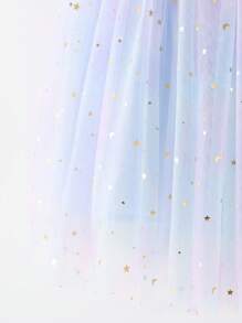 Vestido elegante y lindo para bebé niña sin mangas con tirantes, con aplicación de estrellas y lunas en degradado de color y malla, ropa de bebé para fiesta de cumpleaños, elegante, graduación, verano - Celeste - Ver 4