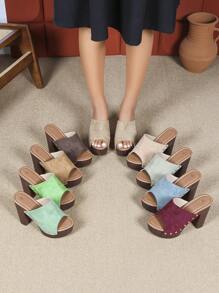 女士新款夏季高跟凉鞋，防水厚底粗跟坡跟拖鞋，性感绑带厚底露趾拖鞋 - 霧霾藍 - 查看 7