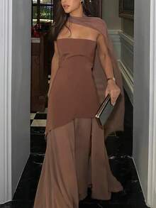 露肩修身纯色网纱拼接连衣裙，优雅夏季款 - 棕色 - 查看 3