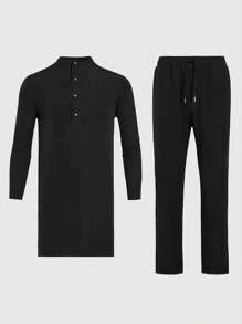 2pcs/Set Men's Black Dashiki Style Casual Shirt And Drawstring Pants Set, Long Sleeve Round Neck, Solid Color, New Design For Street Wear, Party, Date, Wedding, Cultural Events, Traditional Ceremonies - Black - View 3