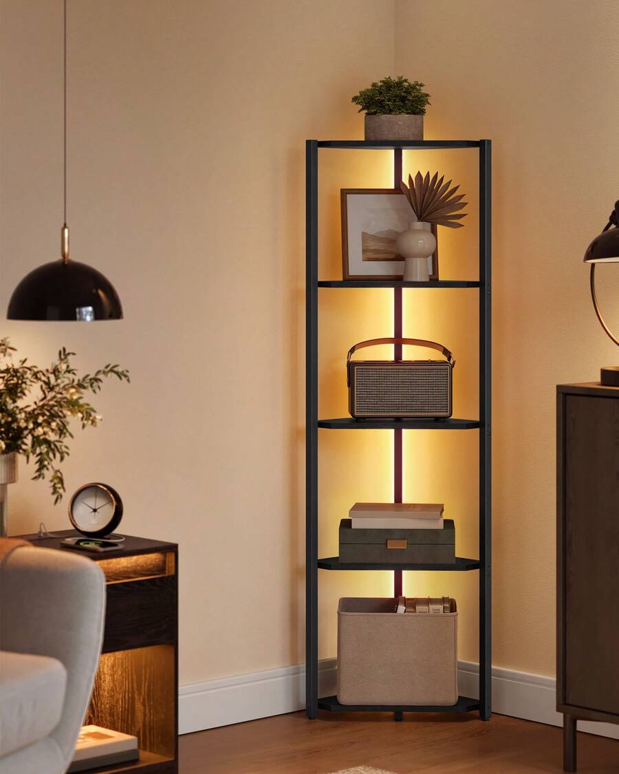 VASAGLE 5-Tier Corner Shelf, Bookcase With Adjustable LED Lights, Storage Shelf With Steel Frame, 24.8 X 48 X 146.6 Cm, For Living Room, Bedroom, Study, Rustic Brown - UK Plug(220-240V) - View 1