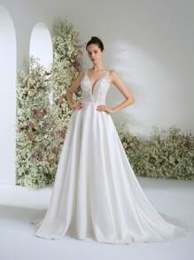 Elasola 婚纱白色深 V 领缎面华丽正式晚会舞会浪漫婚礼宾客礼服，优雅新娘婚纱 - 白色 - 查看 5