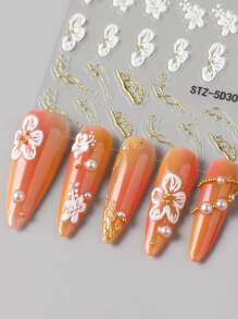 2pcs White Pink Hibiscus Flower Wedding Nails 5D Embossed Nail Art Stickers, French Tips Nails Charm Golden Line & Star Beads Soft Carving Self Adhesive Blooming Floral Design Nail Art Decals For Nail Art Decoration, Nail Supplies