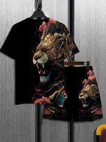 1 Set Plus Size Men's Numeric Print Round Neck Short Sleeve T-Shirt And Shorts Set, Casual Sports Style, All-Over Animal Pattern