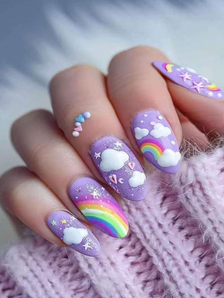 24 Stück lila & fliederfarben gepunktete, regenbogenförmige, weiße Wolken Muster kurze/mittellange wiederverwendbare Nagel Aufkleber, einfach zu verwendende Nail Art für Reisen, Partys, Veranstaltungen, Nagel Zubehör - Violett - Übersicht 1
