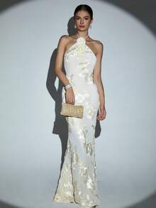 Women Handmade Floral Studded Mesh Long Sleeveless Bodycon Dress, Sexy Backless Design, Suitable For Banquets, Galas And Fashion Shows, Party Dress, Wedding Guest Dress, Prom Dress