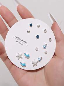 14pcs/Set Cute Flower, Heart & Bow Stud Earrings For Women, Suitable For Casual Daily Wear