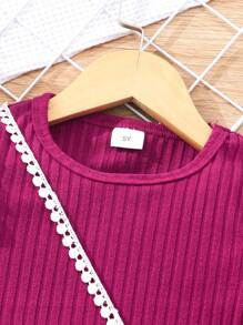 Vestido casual de punto de unicolor de manga corta con textura para niñas [Incluye bolso]
